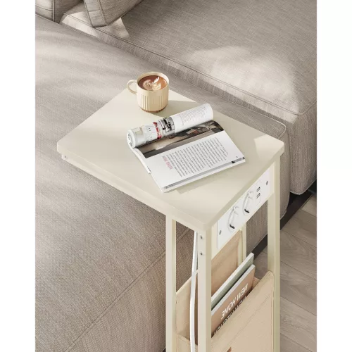 VASAGLE oldalsó asztal, éjjeliszekrény aljzatokkal, C alakú, dohányzóasztal kis terekhez, 2