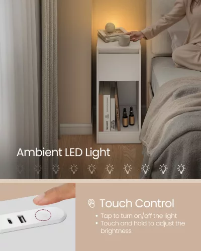 Éjjeliszekrény USB aljzattal, LED világítással, fehér 40x30x50cm