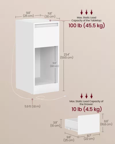 Éjjeliszekrény USB aljzattal, LED világítással, fehér 40x30x50cm