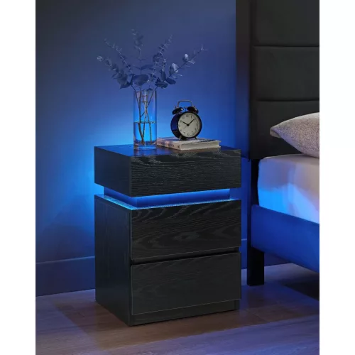Éjjeli szekrény LED világítással, 3 fiókkal, fekete 35x40x55cm