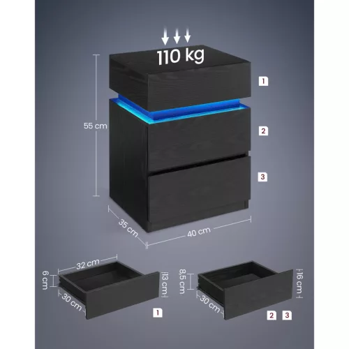Éjjeli szekrény LED világítással, 3 fiókkal, fekete 35x40x55cm
