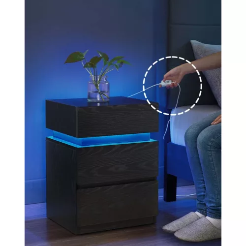 Éjjeli szekrény LED világítással, 3 fiókkal, fekete 35x40x55cm