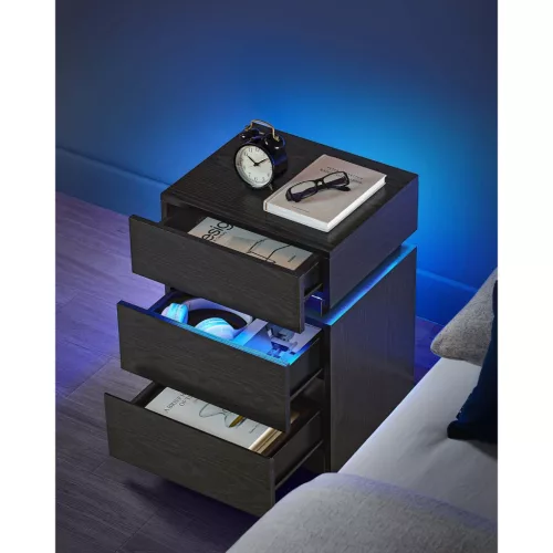Éjjeli szekrény LED világítással, 3 fiókkal, fekete 35x40x55cm