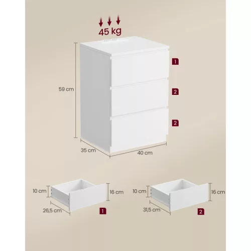 VASAGLE LET631W14 éjjeliszekrény, oldalasztal, 3 fiókkal, ferde éllel, 2 hálózati aljzattal, 2