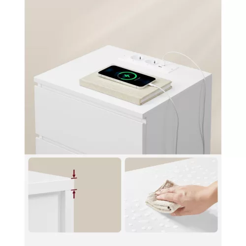 VASAGLE LET631W14 éjjeliszekrény, oldalasztal, 3 fiókkal, ferde éllel, 2 hálózati aljzattal, 2