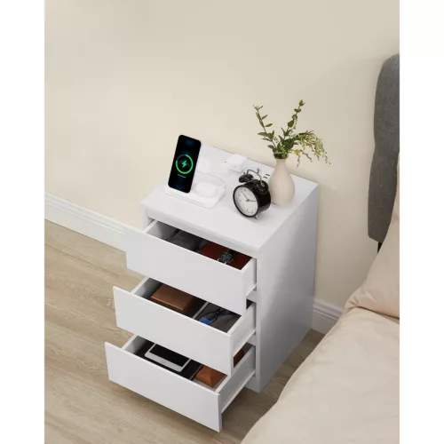 VASAGLE LET631W14 éjjeliszekrény, oldalasztal, 3 fiókkal, ferde éllel, 2 hálózati aljzattal, 2