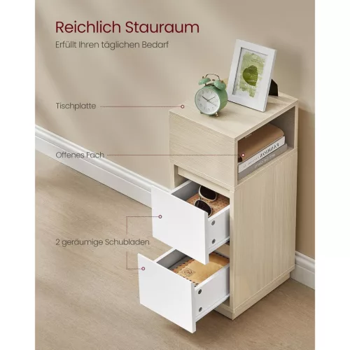 Keskeny éjjeli szekrény, lerakó asztal, tölgy-fehér