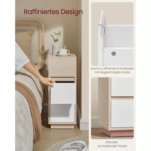 Keskeny éjjeli szekrény, lerakó asztal, tölgy-fehér