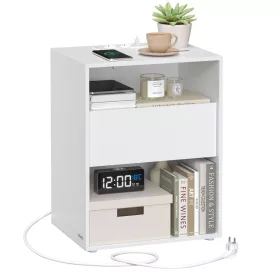   Éjjeli szekrény, fiókos, USB aljzattal, modern, fehér 40x30x50cm