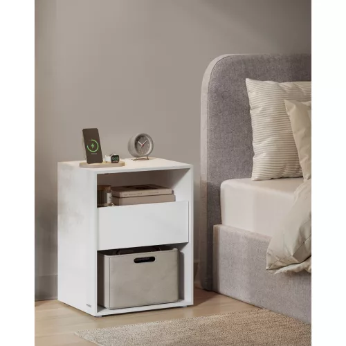 Éjjeli szekrény, fiókos, USB aljzattal, modern, fehér 40x30x50cm