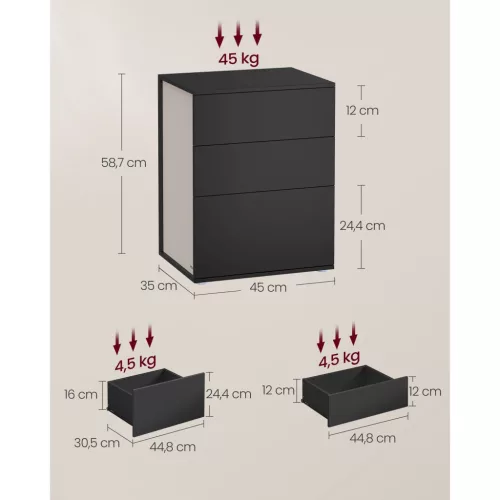 Éjjeli szekrény, 3 fiókkal, modern, fekete és bézs 40x40x60cm