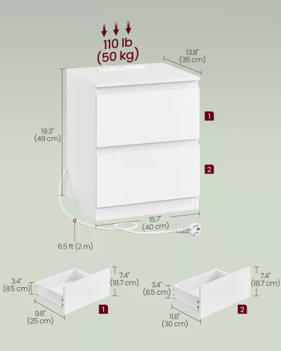 2 db éjjeliszekrény, fiókos, USB aljzattal, felhőfehér 40x35x60cm