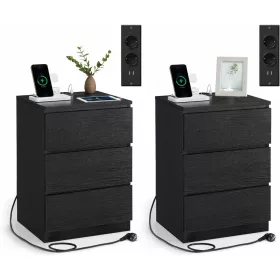   Éjjeliszekrény, 3 fiók, 2 USB port, modern, ébenfekete, 40 x 35 x 59 cm