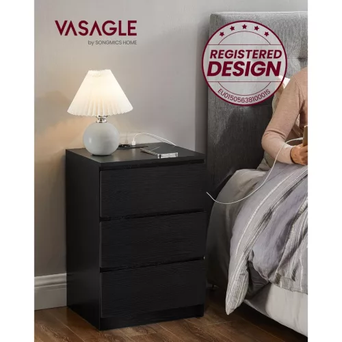 Éjjeliszekrény, 3 fiók, 2 USB port, modern, ébenfekete, 40 x 35 x 59 cm