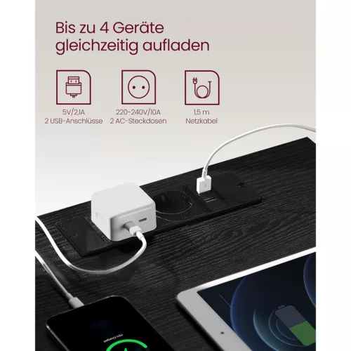 Éjjeliszekrény, 3 fiók, 2 USB port, modern, ébenfekete, 40 x 35 x 59 cm