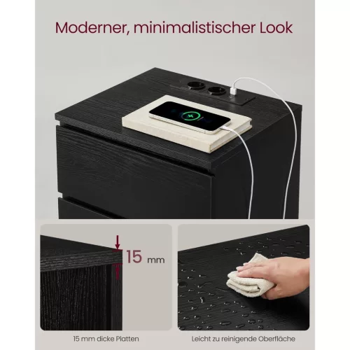 Éjjeliszekrény, 3 fiók, 2 USB port, modern, ébenfekete, 40 x 35 x 59 cm