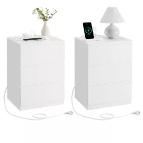  2 db éjjeliszekrény, fiókos, modern, USB aljzattal, fehér 40x30x50cm