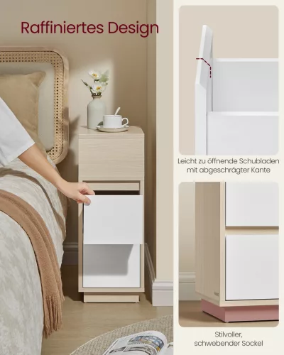 2 db éjjeliszekrény, keskeny, fiókos, nyitott rekesszel, bézs és fehér