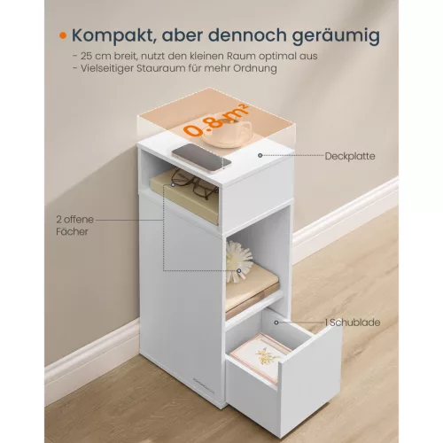 Vékony éjjeli szekrény, gyors összeszerelés, fehér, 30 x 25 x 59 cm