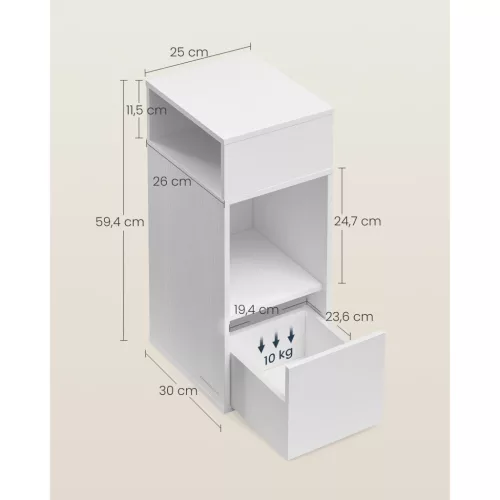 Vékony éjjeli szekrény, gyors összeszerelés, fehér, 30 x 25 x 59 cm
