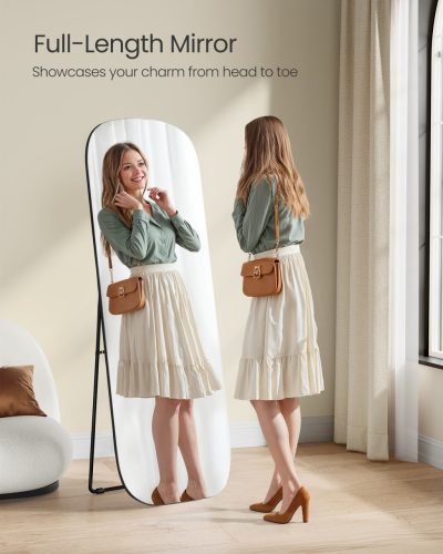 Teljes hosszúságú tükör, lekerekített téglalap, állványos, fekete