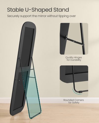 Teljes hosszúságú tükör, lekerekített téglalap, állványos, fekete