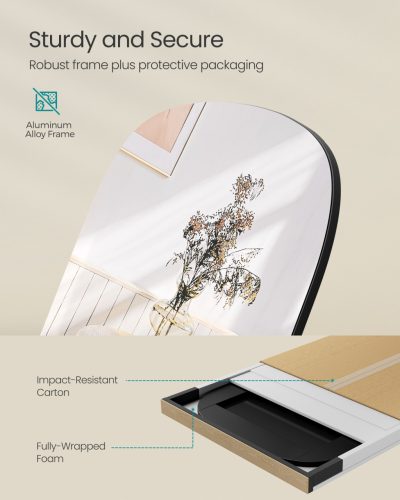 Teljes hosszúságú tükör, lekerekített téglalap, állványos, fekete