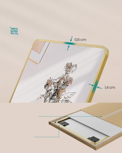 Teljes hosszúságú tükör, téglalap, állványos, alumínium keret, világos arany