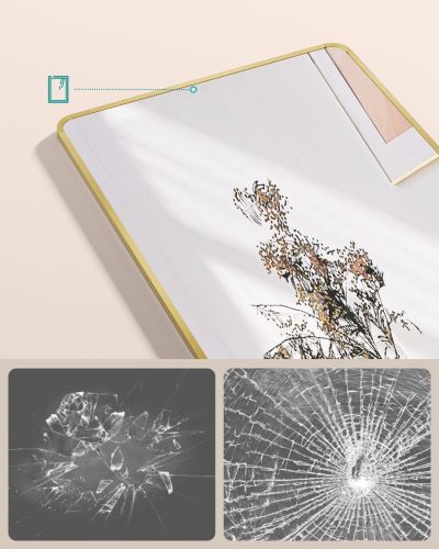 Teljes hosszúságú tükör, téglalap, állványos, alumínium keret, világos arany