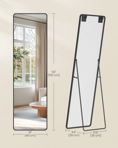 Teljes hosszúságú tükör, téglalap, állványos, alumínium keret, fekete