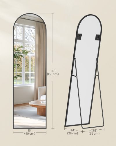 Teljes hosszúságú tükör, ívelt, állványos, alumínium keret, fekete