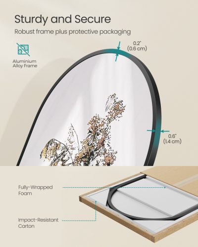 Teljes hosszúságú tükör, ívelt, állványos, alumínium keret, fekete