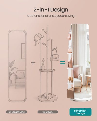 Teljes hosszúságú tükör, álló, 360°-ban forgatható, 163 x 45 cm, fehér