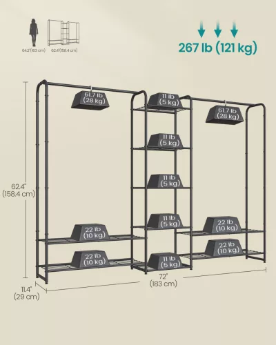 Nyitott ruhásszekrény, tárolós polcokkal, fekete 100x45x175cm