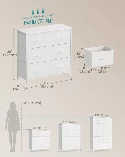 Tároló szekrény hat szövet fiókkal, ruhás szekrény, acél, felhőfehér