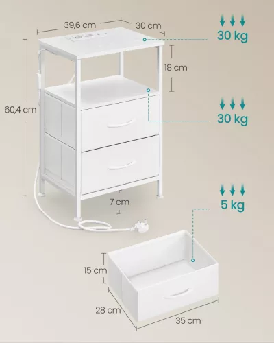 Éjjeli szekrény beépített töltővel, LED világítással, felhőfehér 40x35x60cm
