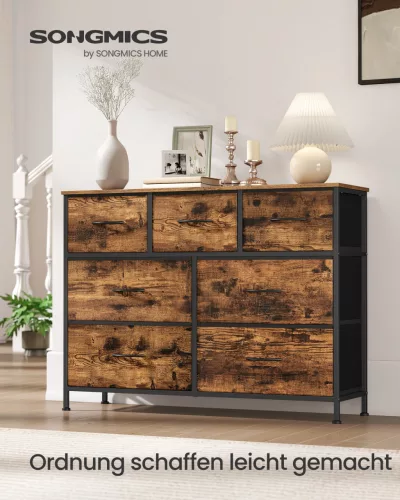 Tároló szekrény hét szövet fiókkal, ruhás szekrény, acél, rusztikus barna és fekete