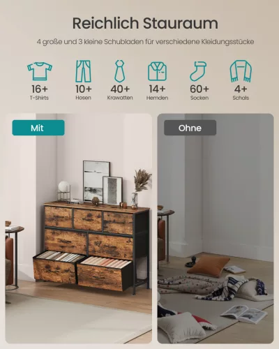 Tároló szekrény hét szövet fiókkal, ruhás szekrény, acél, rusztikus barna és fekete