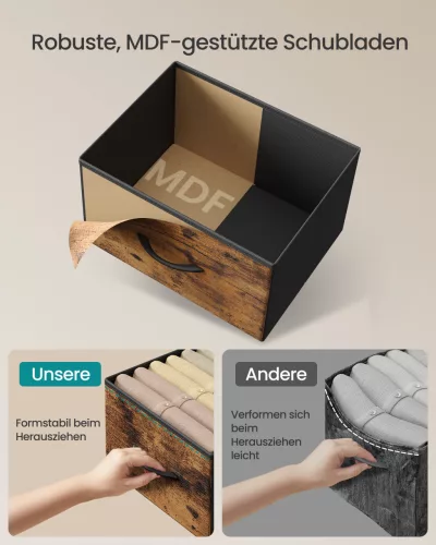 Tároló szekrény hét szövet fiókkal, ruhás szekrény, acél, rusztikus barna és fekete