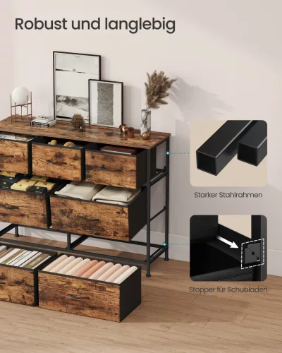 Tároló szekrény hét szövet fiókkal, ruhás szekrény, acél, rusztikus barna és fekete