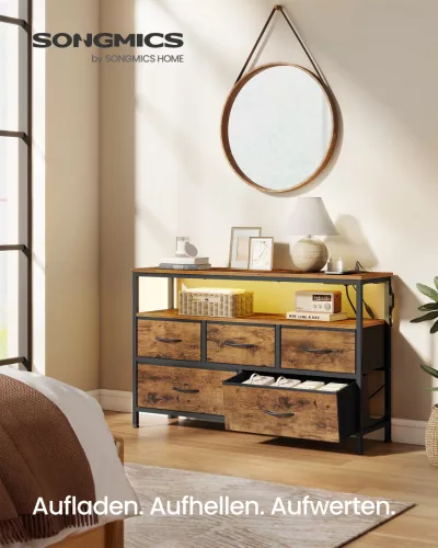 Tároló szekrény szövet fiókokkal, állítható LED világítással, rusztikus barna