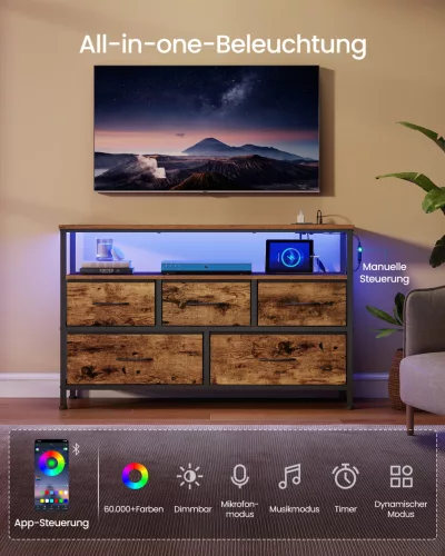Tároló szekrény szövet fiókokkal, állítható LED világítással, rusztikus barna