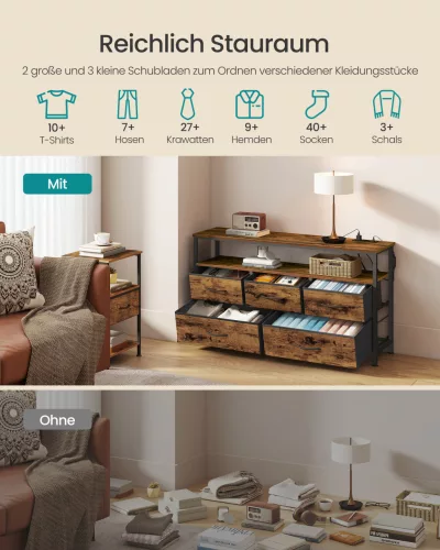 Tároló szekrény szövet fiókokkal, állítható LED világítással, rusztikus barna