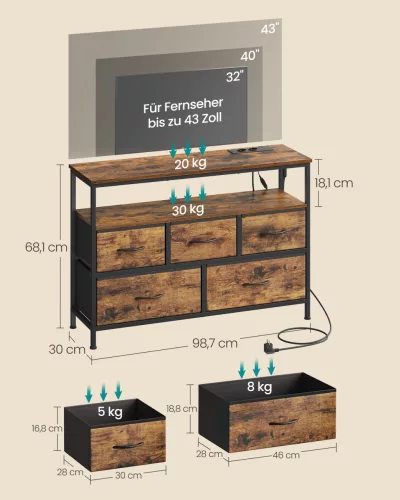 Tároló szekrény szövet fiókokkal, állítható LED világítással, rusztikus barna