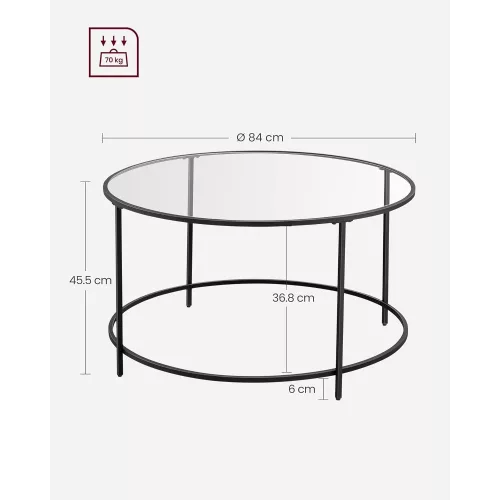 VASAGLE Kerek kávézóasztal, üvegasztal acél vázzal, nappali asztal, kanapéasztal, edzett