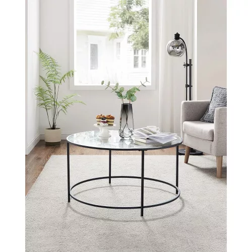 VASAGLE Kerek kávézóasztal, üvegasztal acél vázzal, nappali asztal, kanapéasztal, edzett