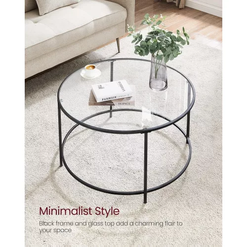VASAGLE Kerek kávézóasztal, üvegasztal acél vázzal, nappali asztal, kanapéasztal, edzett