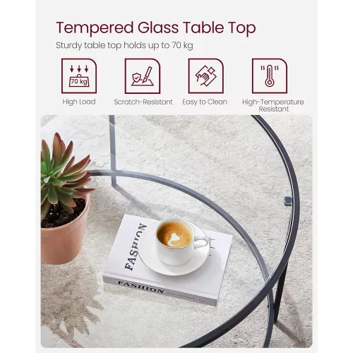 VASAGLE Kerek kávézóasztal, üvegasztal acél vázzal, nappali asztal, kanapéasztal, edzett