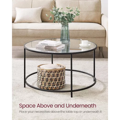 VASAGLE Kerek kávézóasztal, üvegasztal acél vázzal, nappali asztal, kanapéasztal, edzett