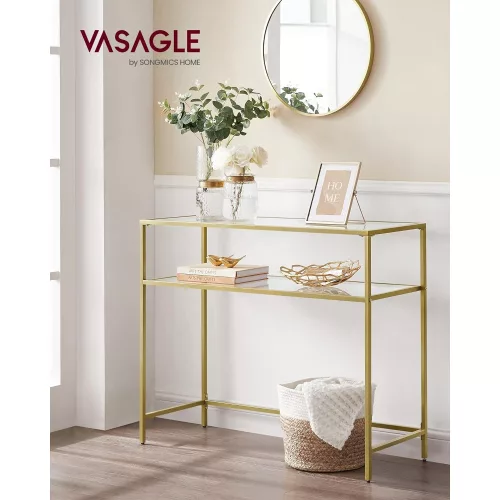 VASAGLE Konzol asztal, edzett üveg asztallap, modern kanapé vagy bejárati asztal, fém váz, 2